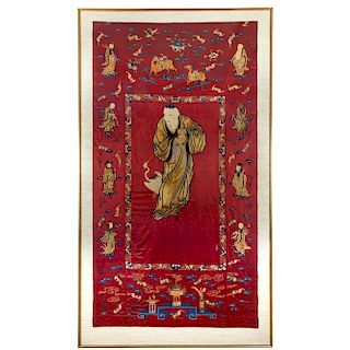 ANTIQUE large Chinese red needlepoint Daoist embroidery , 19th century