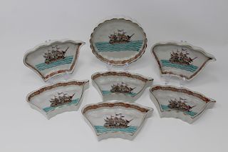 (7) Pc. Chinese Export Porcelain Naval Ship Dishes