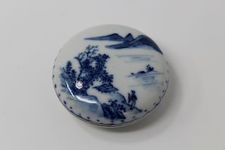 Signed Chinese Blue/White Porcelain Wax Container