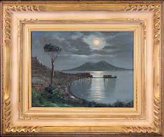 Signed, 20th C. Nocturne Painting of Vesuvius