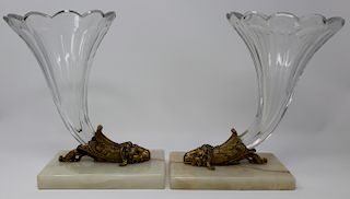 Pair French Gilt Bronze & Crystal Cornucopia Vases