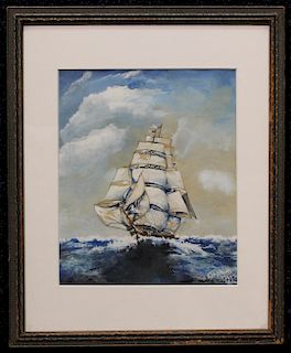 Signed, 1947 Mixed Media Painting of Clipper Ship