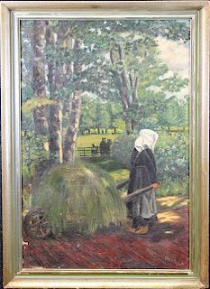 Signed, 1940 Painting of Figures Hauling Hay
