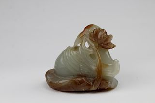 Celadon & Brown Jade Carving of Bird on Lilly Pad