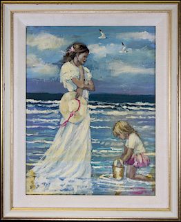 American School, 20th C. Mother and Child at Beach