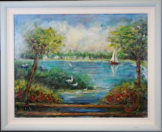 Signed, 20th C. Impressionist Painting of a Harbor