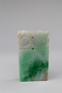 Chinese Carved Apple Green & White Jadeite Seal