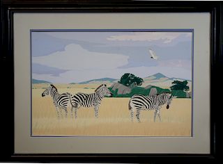 Bernard Scott, Tempera Painting of Zebras