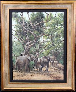 Garreth Hook, Painting of Elephants Under Trees