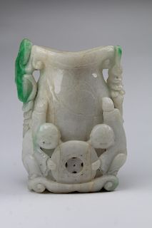 Antique White Jadeite Vase w/ Green Jade Splashes