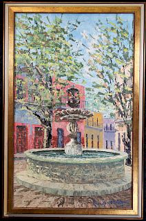 Signed, 20th C Impressionist Painting of Courtyard