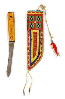 Sioux Beaded Sheath and Knife Length of sheath 9 1/3 inches x width 2 1/2 inches