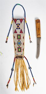 Northern Teton Sioux Beaded Sheath and Knife Length of sheath 9 inches