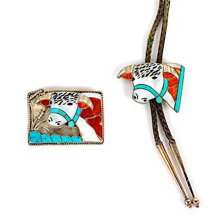 Zuni Silver and Multi-Stone Pictorial Buckle and Bolo Set Height 2 1/8 x width 3 inches