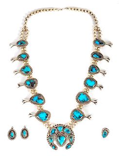 Southwestern Silver and Bisbee Turquoise Squash Blossom Demi Parure Length of necklace 30 inches, naja 2 3/4 x 3 inches