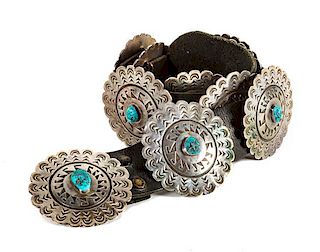 Navajo Silver and Turquoise Concho Belt Diameter 3 inches