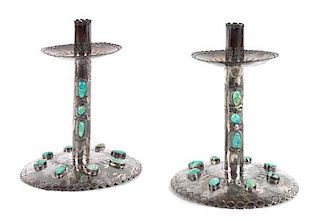 Pair of Federico Jimenez Southwestern Silver and Turquoise Candle Holders Height 6 1/2 inches