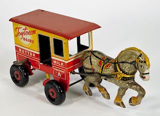 C.1940 Marx Toytown Dairy Horse Wagon Tin Toy