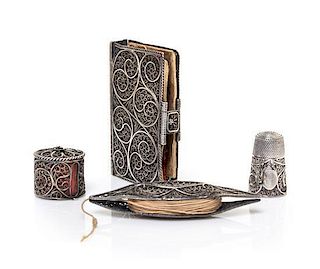 A Silver Filigree Sewing Kit, Length of shuttle 2 5/8 inches.