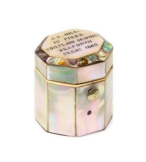 A Victorian Mother-of-Pearl Presentation Thimble Case, Height 1 3/8 inches.