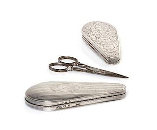 Two Victorian Silver Scissor Cases, Length of first 2 7/8 inches.