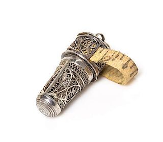 An English Silver Filigree Combination Thimble Case, Scent Bottle and Tape Measure, Height 2 inches.