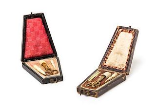 Two Miniature Sewing Sets, Width of first case 1 3/4 inches.