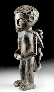 20th C. African Luena Wood Maternal Figure w/ Child