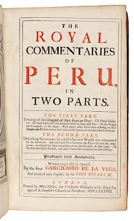 LASSO DE LA VEGA, Garcia (1539?-1616). The Royal Commentaries of Peru ... London, 1688. FIRST ENGLISH EDITION.