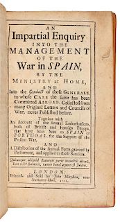[WAR OF THE SPANISH SUCCESSION]. [BLADEN, Martin]. An Impartial Enquiry into the Management of the War in Spain. London, 1712.