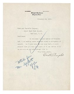 WRIGHT, Orville (1871-1948). Typed letter signed ("Orville Wright"), to Funk and Wagnalls Company. Dayton, OH, 14 November 1912.