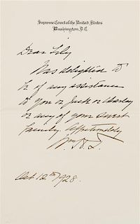 * TAFT, William Howard. Autographed letter signed ("Wm. H.T."), as Chief Justice of the Supreme Court, to Lily, Washington, D.C.