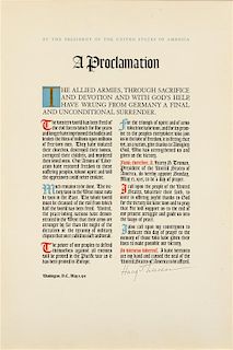 * TRUMAN, Harry S. (1884-1972). Broadside signed (''Harry S. Truman''), as President, 8 May 1945.