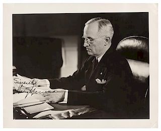 TRUMAN, Harry S. (1884-1972), President. Photograph signed ("Sincerely, Harry Truman"). N.p., n.d.