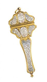 A Mother-of-Pearl Mounted Gilt Metal Scissor Case, Length 4 1/4 inches.