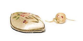 A Continental Embroidered Silk Pin Cushion, Length 6 inches.