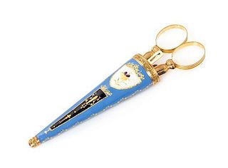 A Continental Gold and Enamel Etui, Length 5 3/4 inches.