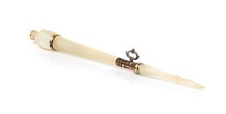 A Continental Gilt Metal Mounted Mother-of-Pearl Needle Case and Tambour Hook, Length 4 7/8 inches.