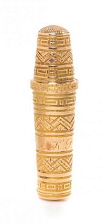 A Continental Gold Thimble and Needle Case, Length 2 5/8 inches.