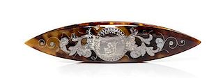 A French Silver Inlaid Tortoise Shell Tatting Shuttle, Width 4 3/8 inches.