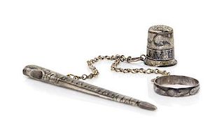 A Russian Silver and Niello Thimble and Needle Case, Length of needle case 3 1/4 inches.