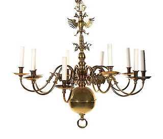 William & Mary Style Brass Ten-Light Chandelier Height approximately 36 x diameter approximately 38 inches.