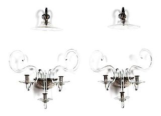 A Pair of George III Style Silvered Metal and Glass Three-Light Sconces