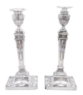 A Pair of George III Style Silver Candlesticks Height 12 1/2 x width 5 x depth 5 inches