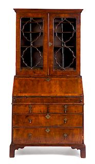 A George II Burl Walnut Secretary Bookcase Height 81 1/4 x width 39 x depth 23 inches.