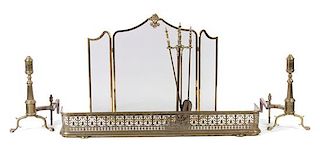 A Pair of George III Style Brass Andirons, A Victorian Fender, and A Louis XV Style Firescreen