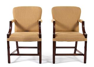 A Pair of George III Style Upholstered Mahogany Armchairs