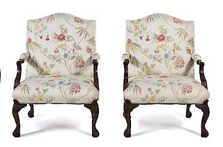 A Pair of George III Style Carved Mahogany Library Armchairs