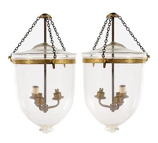 A Pair of Regency Style Gilt Metal and Glass Hall Lanterns Height 41 inches.