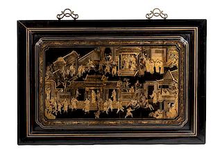 A Chinese Export Gilt-Decorated Black Lacquer Panel Dimensions of panel 28 x 46 inches.